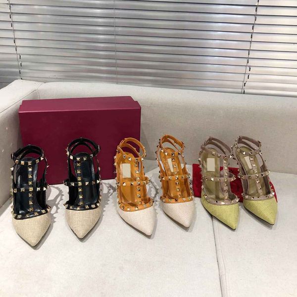 

wholesale luxury v-home rivet pointed high-heeled sandals stiletto t-strap classic all-match shallow mouth party evening shoes size 35-42, Black