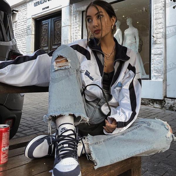 

women's jackets b-toto american retro white stitching letter sports jacket female tide ins autumn loose 2021 fashion, Black;brown