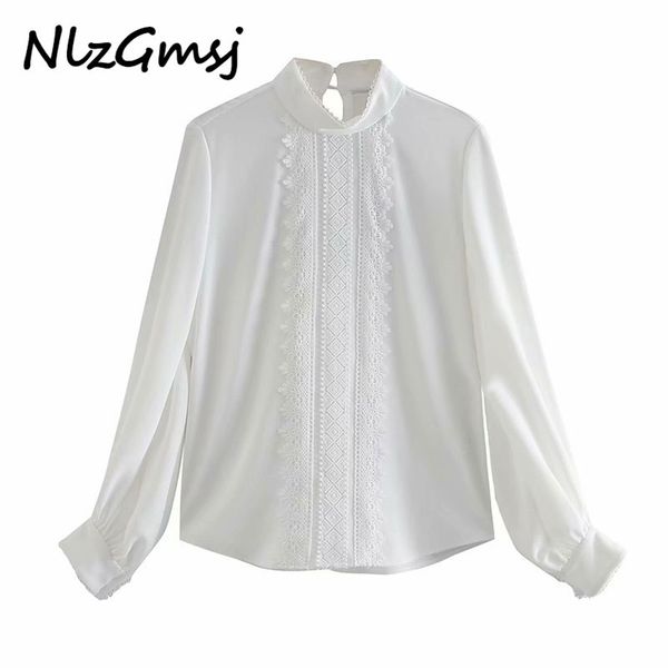 

women fashion with lace pleated office wear blouses vintage high neck long sleeve female shirts chic 210628, White