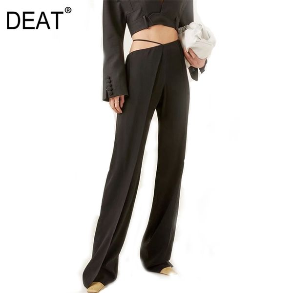

[deat] black slim irregular high waist trousers strap drop feeling floor pulling split straight pants fit gx1214 211007, Black;white