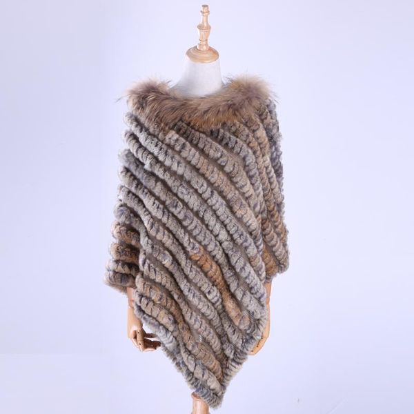 

scarves 2021 fashion lady genuine rex fur hand knitted shawl raccoon trim poncho cape scarfs wraps multicolor, Blue;gray