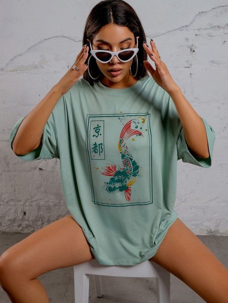 

chinese letter and fish print tee s9ge#, White