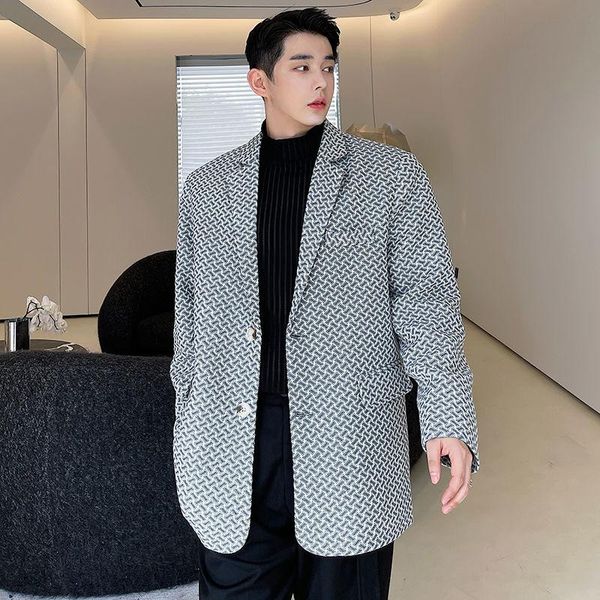 

men's suits & blazers fashion men contrast plaid decoration loose notched single breasted woolen suit jacket tide autumn winter 2021, White;black