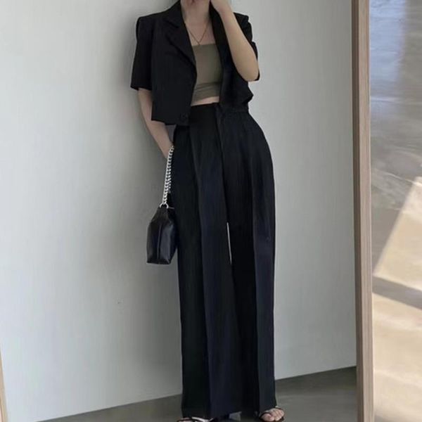 

women's two piece pants 2021 summer 2 sets womens outfits crop short sleeve blazer suit jacket+ high waist casual elastic, White