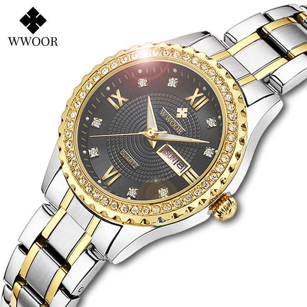 Wwoor Luxo Diamante Mulheres Quartzo Relógios Gevena Pulseira Gold Senhoras Vestido Relógio Feminino relógio de pulso Relógio Relogio Feminino 210527
