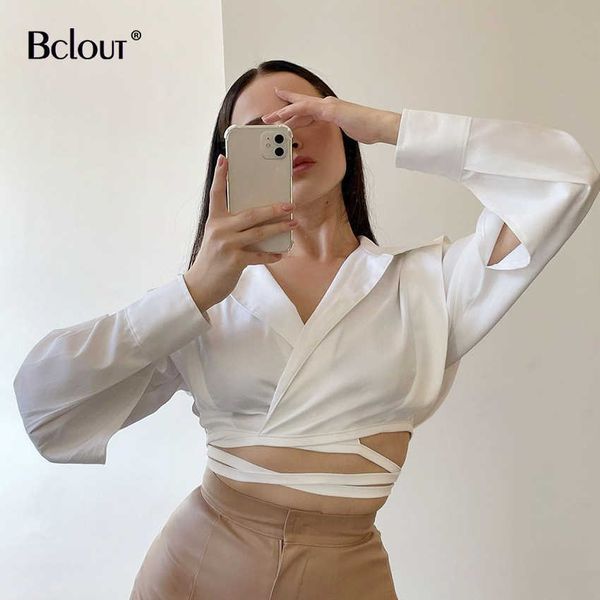 

bclout lantern sleeve slim notched women shirts summer lace-up solid crop casual work long sleeve elegant blouses 210709, White