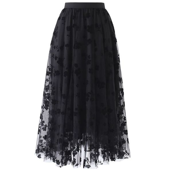

fashion women spring summer floral printed stretch vintage elastic high waist mesh party pleated long skirt saia midi faldas#35 210323, Black