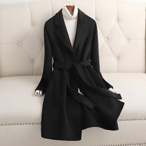 

women's wool & blends double sided cashmere coat medium length 2021 autumn and winter fashion small solid color, Black