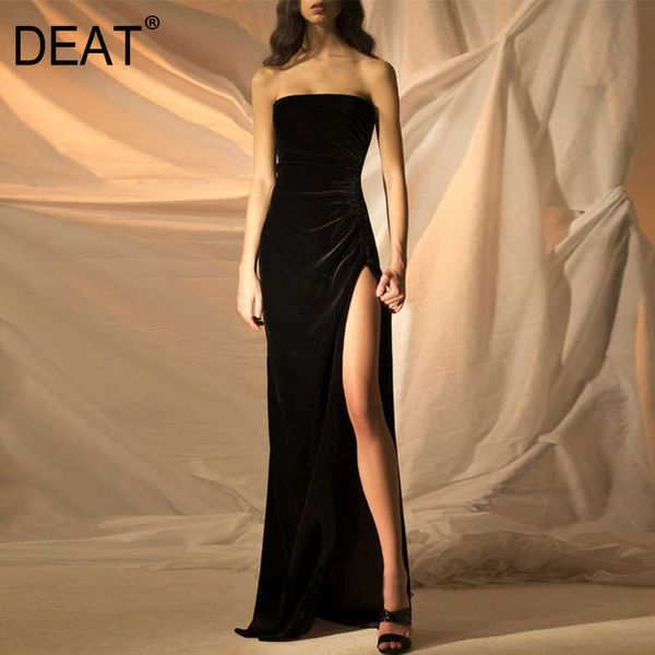 

[deat] spring summer fashion solid color sleeveless floor-length high waist breast wrap dress women 13d130 210527, Black;gray