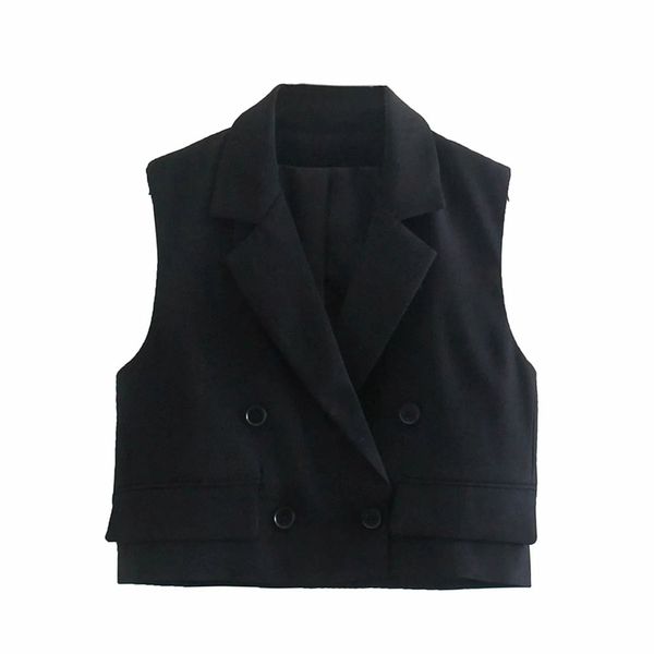

elegant commute women fashion black double breasted vest short coat vintage sleeveless outerwear female chic 210531
