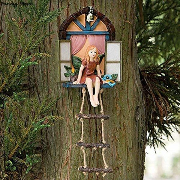 

girl sitting on the window with ladder resin pendant wall bedroom big tree garden fairy and dwarf decoration decorative objects & figurines