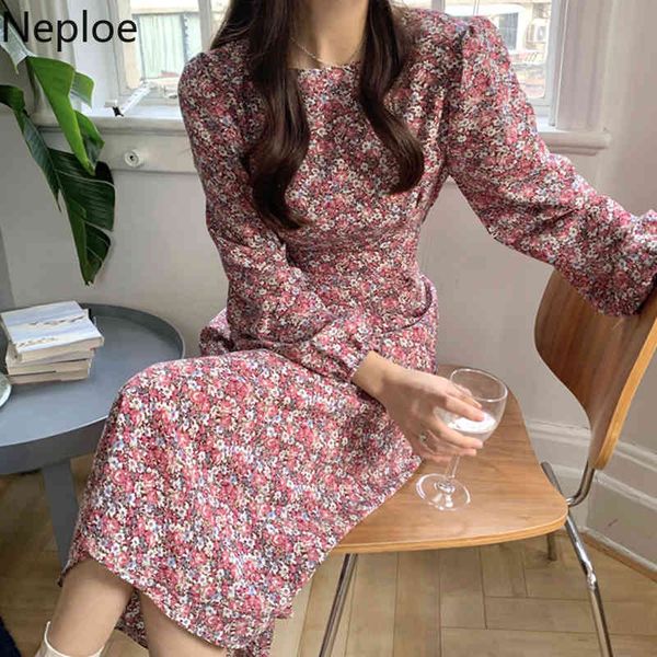 

neploe dress for women chic spring robe o-neck puff sleeve lace up slim vestidos mujer korean floral vintage maxi dresses 95243 210422, Black;gray