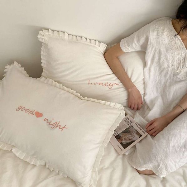 

ins style all cotton washed pleated pillow case single piece pure auricular edge color princess embroidered