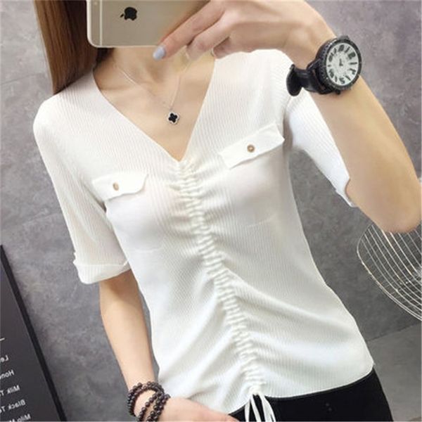 

femare collar slim half-sleeve drawstring sweater women's thin section short-sleeved ice silk primer summer 210427, White;black