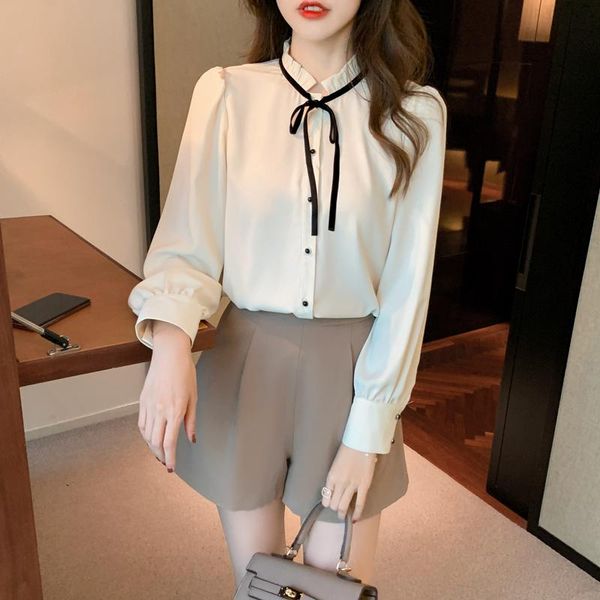 

women's blouses & shirts women 2021 spring bow white shirt female long-sleeved chiffon pleated stand-up collar puff sleeves blusas