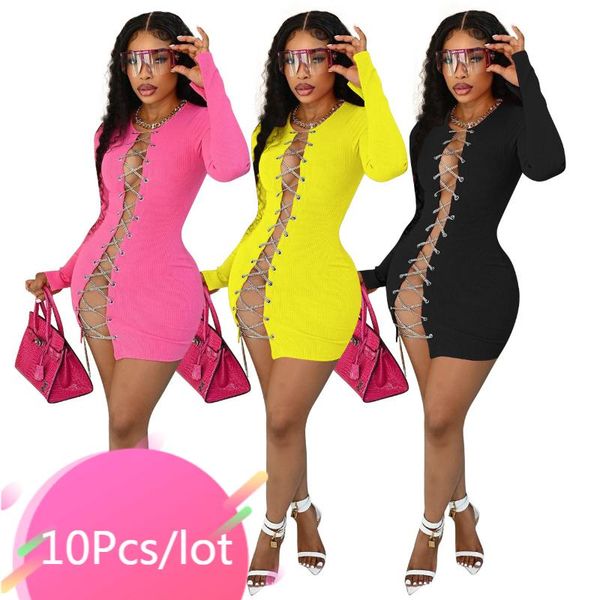 

casual dresses bulk items wholesale lots women chain lace up mini dress hollow out full sleeve party night clubwear 2021 summer y2k, Black;gray