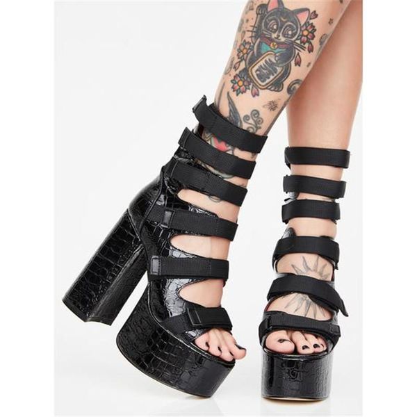 

fashion 2021 platform thick heel woman sandals in leopard skin pattern with narrow bands ankle hook super high, Black