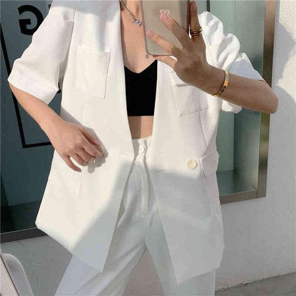 

women's suits & blazers irmÃ£ fara nova elegante manga curta fina blazer jaqueta feminina verÃ£o v-neck casaco senhora do escritÃ³rio, White;black