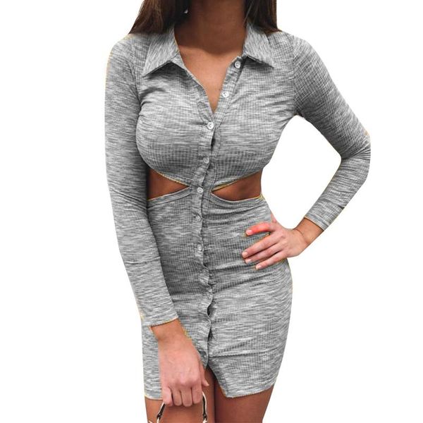 

casual dresses female buckle tight-fitting solid color long-sleeved lapel hollow 2021 autumn style fashion simple temperament, Black;gray