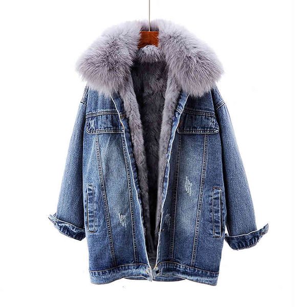 

women's jackets winter thick warm denim women fur collar rabbit liner jeans plus size loose 6 color short outwerear female 2fn, Black;brown