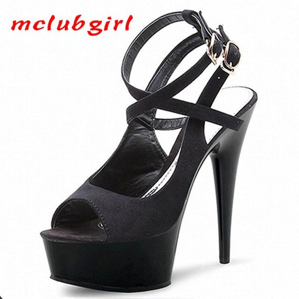 

mclubgirl 15cm heels solid color fish mouth wristband fashion women's shoes show thin heel sandals super high lyp, Black