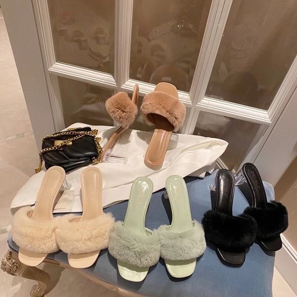 

slippers fur women open toe cute shoes clear high heels pumps green beige black white sandals slides mules crystal 0av6
