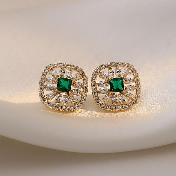 

stud green rhinestone square earrings for women korean 2021 fashion elegant female trendy delicate ear studs gift, Golden;silver