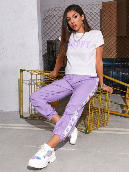 

letter graphic & side seam pants set q6nb#, White