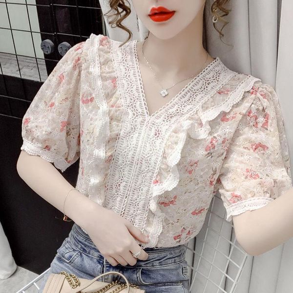 

women's blouses & shirts lace stitching chiffon shirt women 2021 summer style foreign retro embroidery floral short-sleeved trend, White