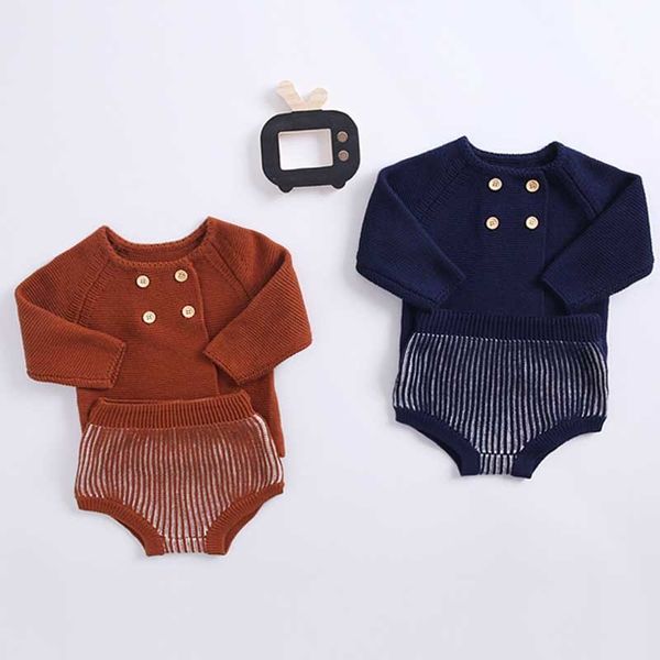 Erkek Kız Giyim Setleri Sonbahar Bebek Örme Suit Kazak Mont + PP Şort Pantolon Yakışıklı Beyefendi 210429