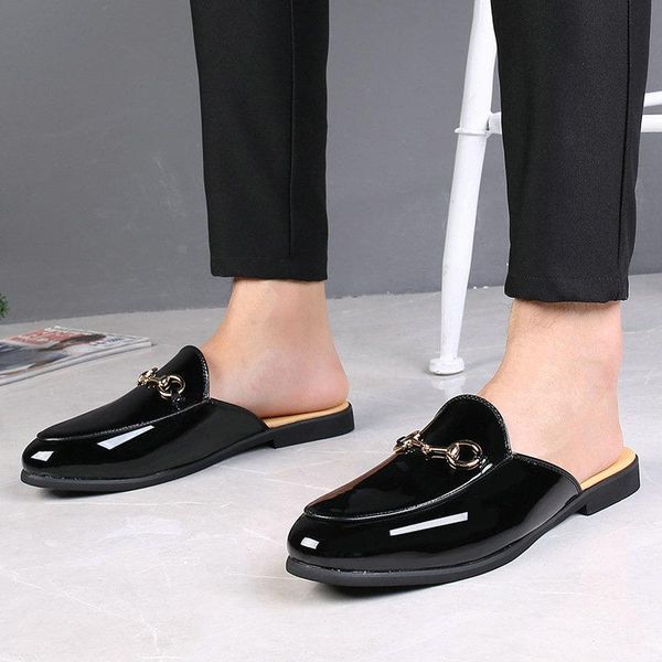 

slippers summer outside flat men patent leather casual shoes mens slides sliders slide slipper 2021 mais vendidos dropship, Black