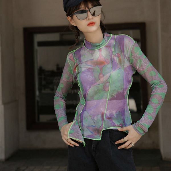 

aesthetic crewneck long sleeve mesh purple green blouse women see through patchwork designer fashion clothes 210429, White