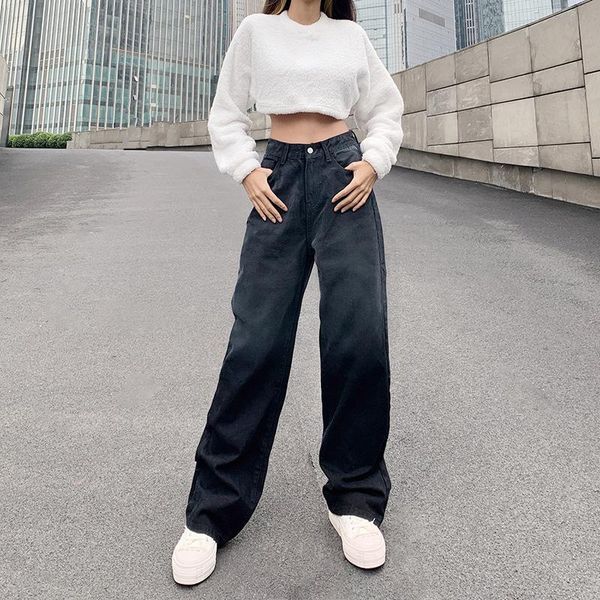 

arrivals woman autumn winter high waist ladies jeans tie-dye loose street denim stright pants women's, Blue