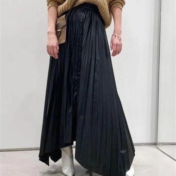 

skirts women single-breasted midi skirt lady black irregular pleated long 2021 autumn and winter