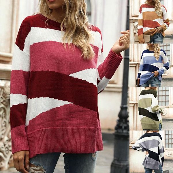 

women's sweaters autumn winter irregular stripes color block pullover ladies o-neck long-sleeved casual knitted sweater top, White;black