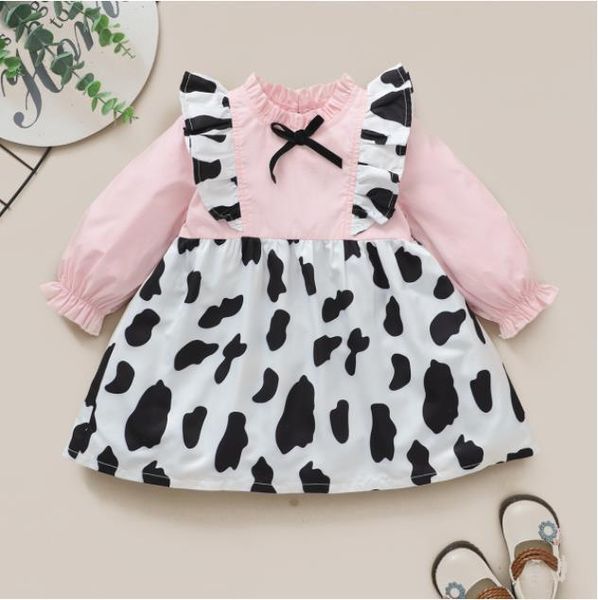 

girl's dresses born fake two-piece dress 2022 autumn baby girls cow print sleeve round neck bow, Red;yellow