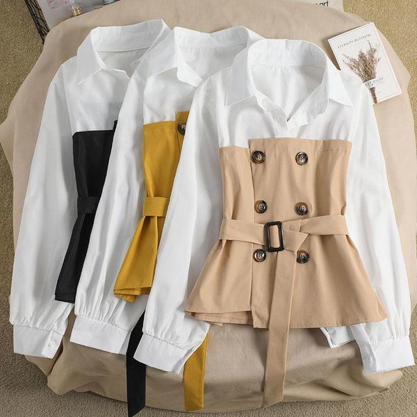 

women's blouses & shirts patchwork lapel long sleeve blouse women korean slim button fake two piece office lady casual pullover with s, White