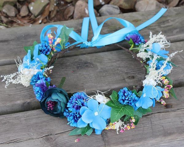 

blue purple hydrangea flower crown headpiece grecian goddess leaves teamed pink country garden flowers handmade ribbon1