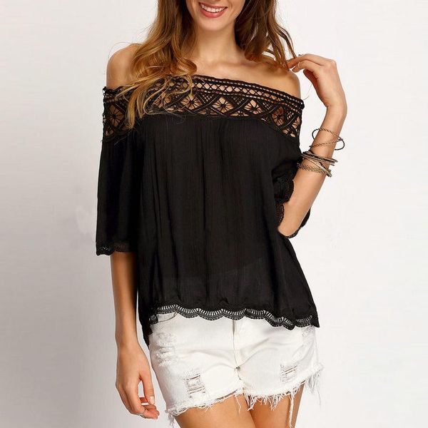 

women's blouses & shirts women summer off shoulder loose shirt white blue lace nice tee