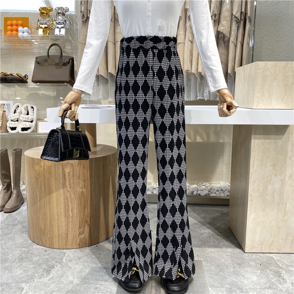 

pant nicho design geometric personality ringgingham drag straight retro high waist bifurcated pants, White