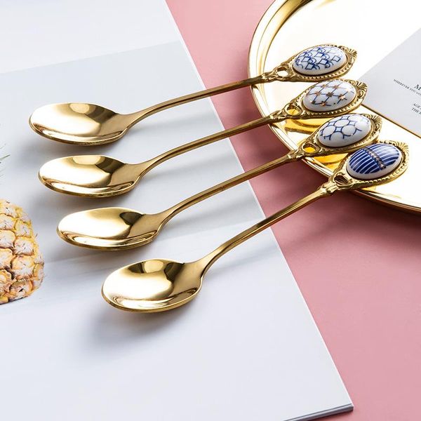 

spoons vintage stainless steel stirring spoon embossed coffee ladle ceramic handle gilt cake dinnerware honey scoop tableware