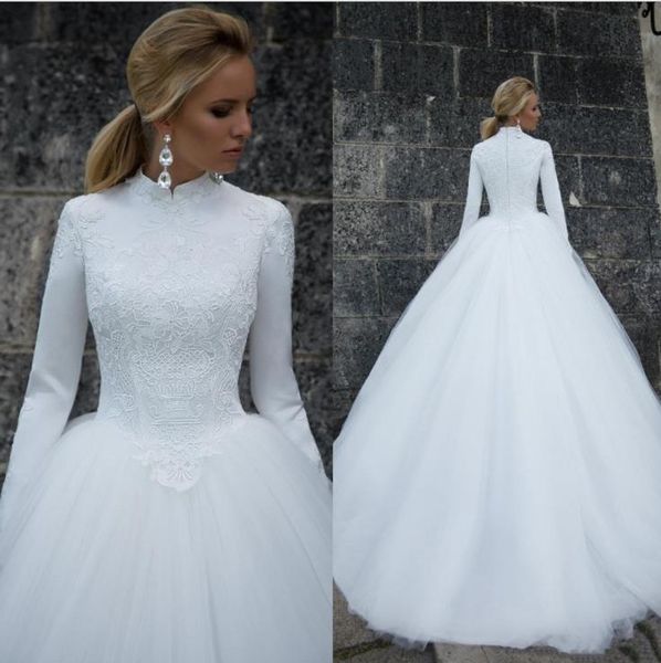 

princess muslim wedidng dress lace high neck lining long sleeves a-line tulle bridal dresses vestidos de noiva plus size bride gowns for wom, White
