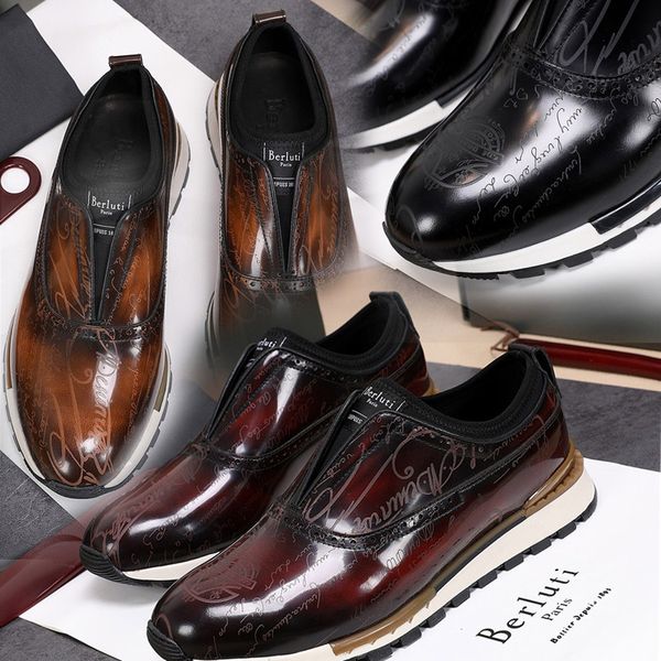 

berluti handmade leather sneaker shoes fast track scritto mens casual genuine embroidery classic trainers lover sneakers with box, Red;white