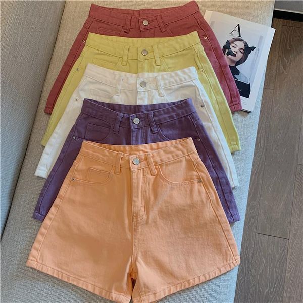

high waist solid candy women jean color thin denim short fashion wide slim summer streetwear jogger pantalon korean ladies, Blue