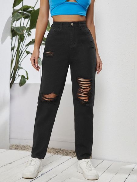 

high waist ripped mom jeans 86ca#, Blue