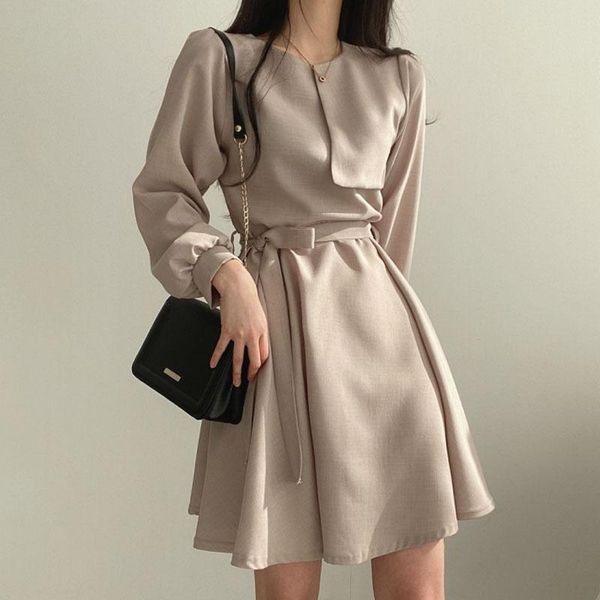 

casual dresses women's spring autumn o-neck long sleeve solid color office lace up literary retro short dress lantem chic, Black;gray