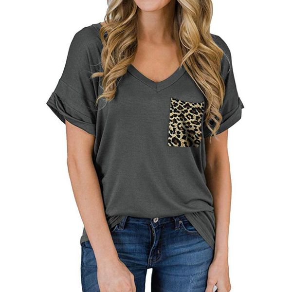 

women's t-shirt 2021 summer fashion leopard pocket female casual loose short sleeve v-neck plus size, White
