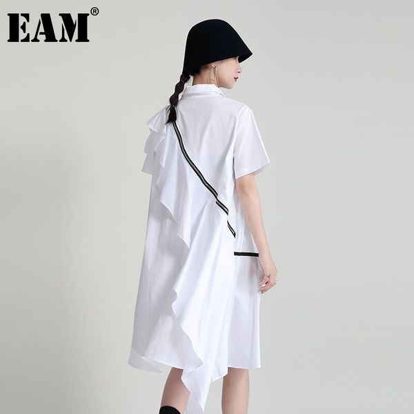 

[eam] women back ruffles irregular big size shirt dress lapel short sleeve loose fit fashion spring summer 1dd8678 210512, Black;gray