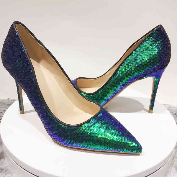 

dress shoes green bling fish scale 12cm high heeled lady pumps pointed toe woman party shoes slip on plus size 45 lf020 chensir9 krep, Black