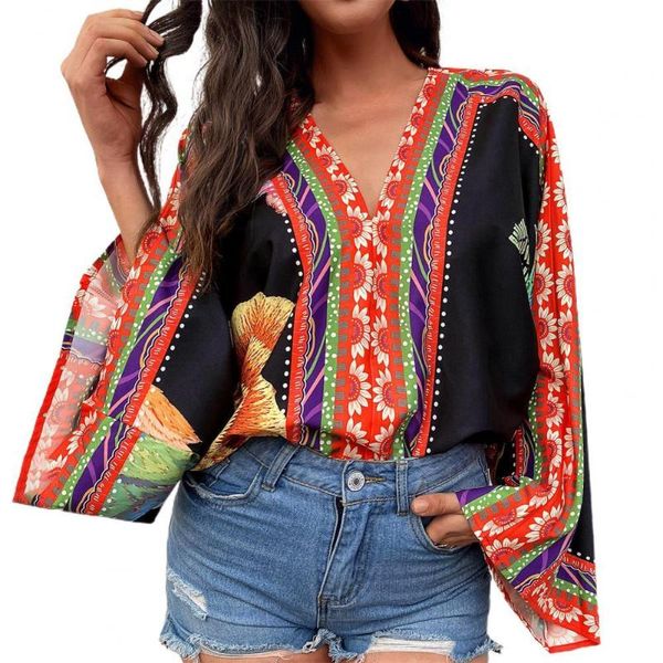 

women's blouses & shirts tropical print batwing sleeve women blouse autumn v-neck bohemia loose elegant streetwear casual, White